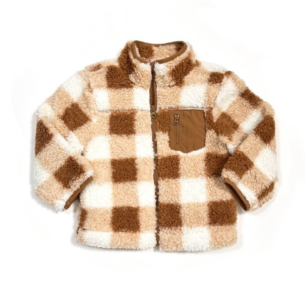 Wonder Nation Toddler Boy Sherpa Jacket Coat Brown White Check 2T NWOT Soft